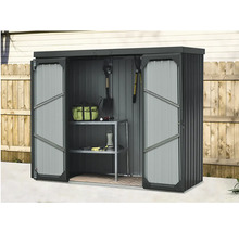 Kovový záhradný domček s posuvnými dverami a regálmi na záhradné náradie