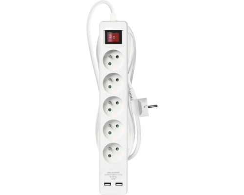 Predlžovací kábel s piatimi zásuvkami a dvoma USB portami