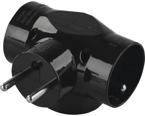 Čierny adaptér s ochranným kontaktom s tromi zásuvkami