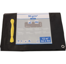Čierna krycia plachta so žltým upevňovacím lanom, 12 metrov štvorcových, 3 metre krát 4 metre