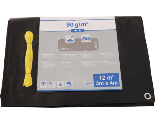 Čierna krycia plachta so žltým upevňovacím lanom, 12 metrov štvorcových, 3 metre krát 4 metre