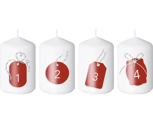 Valcové sviečky s adventnými číslami Emocio Ø 5 x 9 cm bielo-červené 4 ks Štyri biele adventné sviečky s číslami 1 až 4