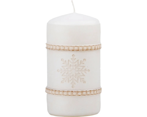 Valcová sviečka Ø 6 x 11 cm biela s motívom vločky Dekoratívna stĺpová sviečka s motívom snehovej vločky