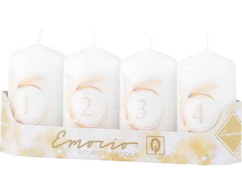 Valcové sviečky s adventnými číslami Emocio Ø 5 x 9 cm bielo-béžové 4 ks Štyri biele adventné sviečky s číslami jedna až štyri