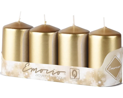 Valcové sviečky Emocio Ø 5 x 9 cm metalické zlaté 4 ks Štyri zlaté adventné sviečky v balení