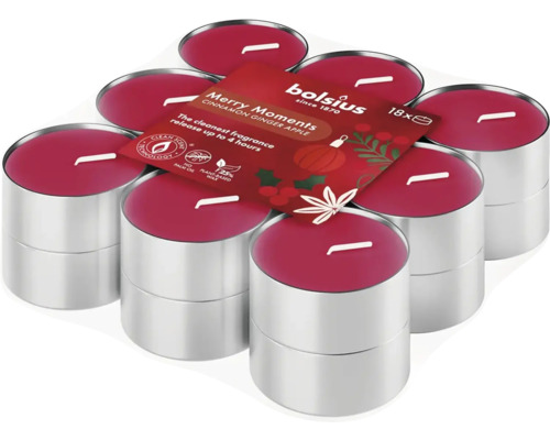 Vonné čajové sviečky Bolsius Merry Moments červené 18 ks Sada čajových sviečok s vôňou škorice a jabĺk, 18 kusov