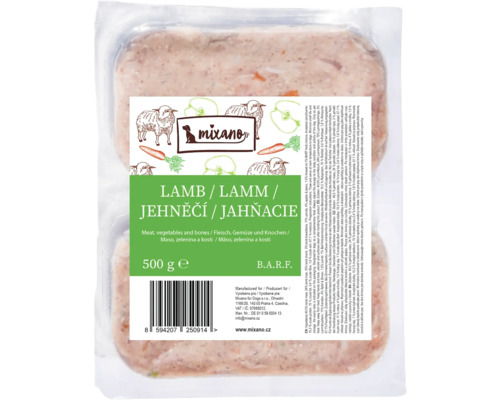 Krmivo pre psov Mixáno BARF jahňa s ryžou Balenie doplnkového krmiva pre psov s jahňacím mäsom, zeleninou a kosťami, 500 gramov