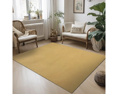 Žltý koberec v obývacej izbe s ratanovými kreslami a rastlinami