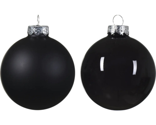 Dve čierne vianočné gule s matným a lesklým povrchom