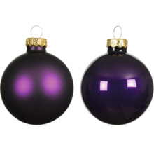 Dve fialové vianočné gule so zlatým závesom