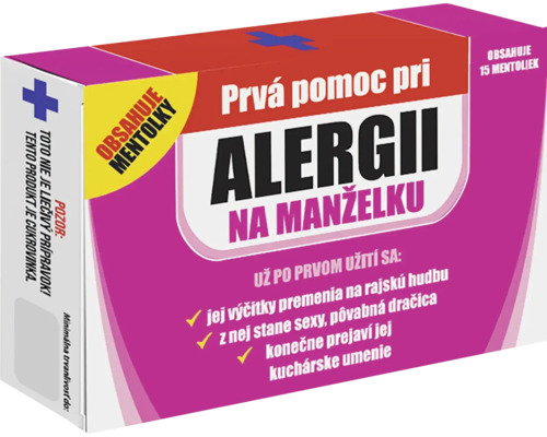 Mentolky Alergia na manželku Balenie cukríkov proti alergii na manžela. Obsahuje mentol.