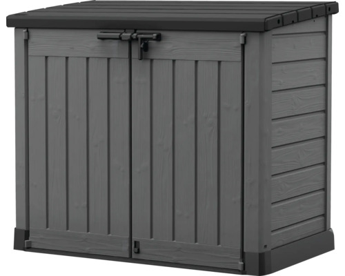 Sivý úložný box na náradie s uzamykateľnými dverami na vonkajšie použitie