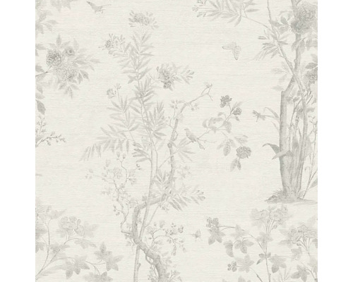 Vliesová tapeta History of Art 790437 Natur sivá biela 10,05 x 0,53 m Tapeta s kvetinovým vzorom a motívmi vtákov