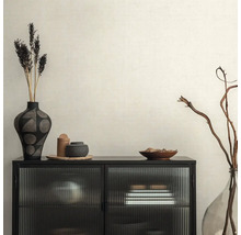 Dekoratívny interiér s čiernou skrinkou, vázami a sušenými kvetmi na béžovej tapete.