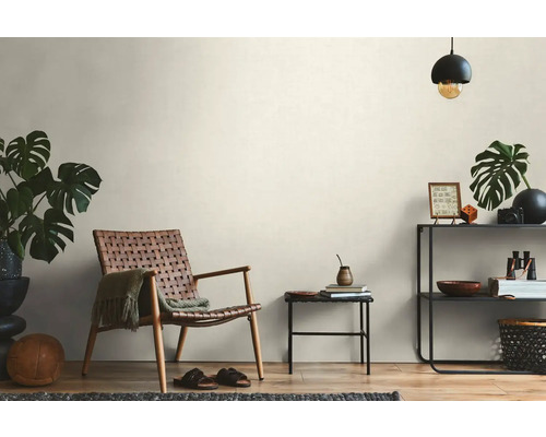 Obývacia izba s prúteným kreslom, regálom a izbovými rastlinami pre útulnú atmosféru