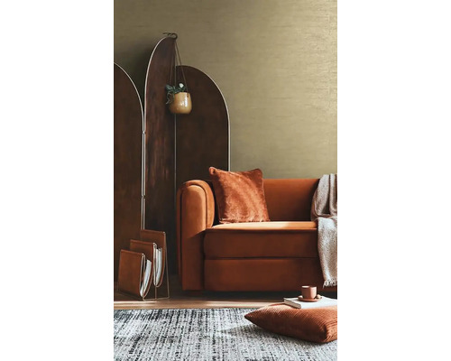 Obývacia izba s hnedou pohovkou, deličom miestnosti, kobercom a dekoráciami pre útulnú atmosféru