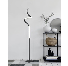 Dekoratívna stojacia lampa so zakriveným dizajnom v obývacej izbe vedľa regálu.