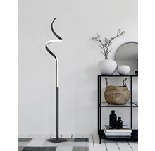 Zakrivená stojaca lampa vedľa regálu s dekoráciou