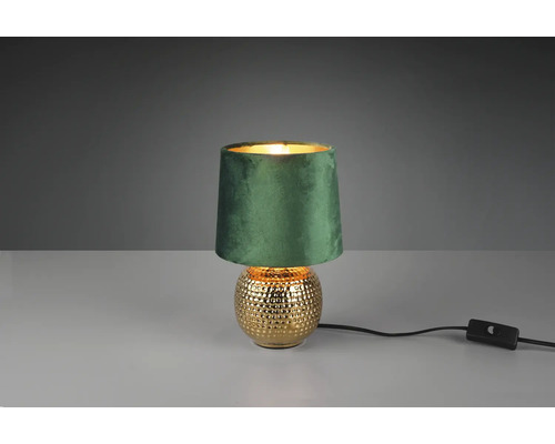 Stolná lampa s textilným tienidlom a zlatou keramickou základňou