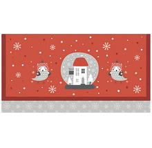 Vianočný obrus s motívom snehovej gule, domu a sovy