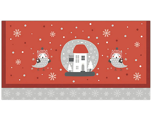Vianočný obrus s motívom snehovej gule, domu a sovy