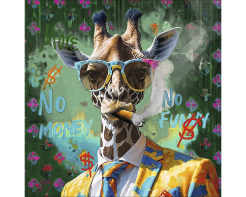 Sklenený obraz Giraffe In A Suit II 50x50 cm Grafika žirafy v obleku, okuliaroch a s cigarou na vzorovanom pozadí