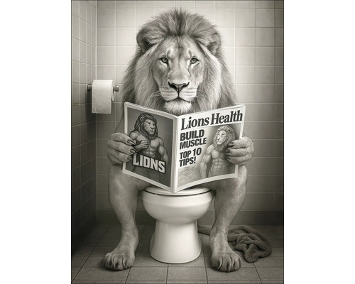 Obraz na plátne Lions Health 84x116 cm Lev sedí na záchode a číta si časopis