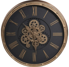 Dekoratívne nástenné hodiny s viditeľným hodinovým strojčekom a rímskymi číslicami