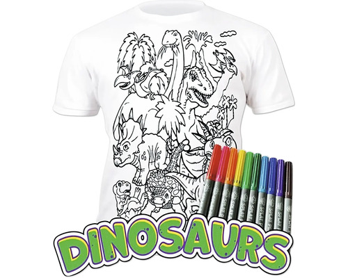 Omaľovánkové tričko s motívom dinosaurov a sada fixiek