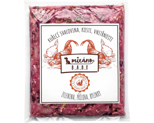 Krmivo pre psov Mixáno BARF kura Balenie krmiva pre psy Mixano B.A.R.F. s kuracím mäsom, kosťami, vnútornosťami, zeleninou a bylinkami.