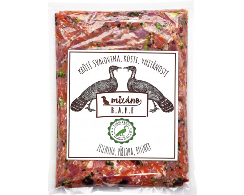 Krmivo pre psov Mixáno BARF morčacia svalovina Balenie krmiva pre psy Mixano B.A.R.F s morčacím mäsom, kosťami, vnútornosťami, zeleninou, prílohami a bylinkami