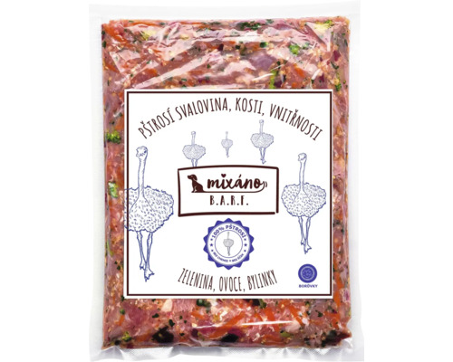 Krmivo pre psov Mixáno BARF pštros Balenie surového krmiva pre psy s pštrosím mäsom, kosťami, vnútornosťami, zeleninou, ovocím a bylinkami