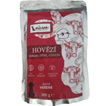 Balenie mokrého krmiva pre psov s hovädzím mäsom, jablkom, tekvicou a cuketou