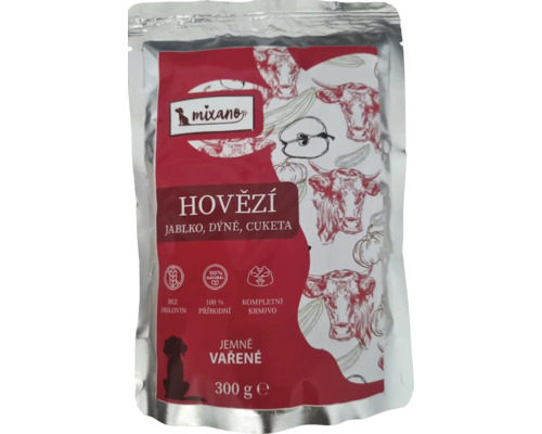 Balenie mokrého krmiva pre psov s hovädzím mäsom, jablkom, tekvicou a cuketou