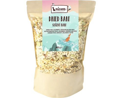 Logo Mixano. Sušené krmivo Barf s rybami, krevetami, zeleninou a ryžou, 400 gramov.