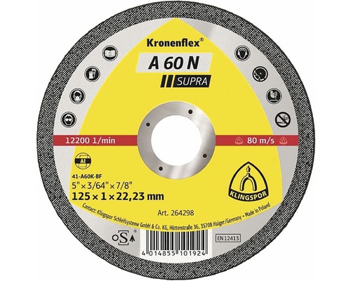 Rezný kotúč Klingspor 125x1x22.2 mm, A60N hliník Brúsny kotúč Kronenflex A 60 N Supra, 125 x 1 x 22,23 milimetrov