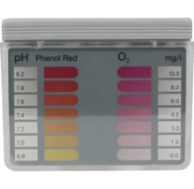 Farebná karta na testovanie pH a kyslíka s farebnou škálou a nameranými hodnotami