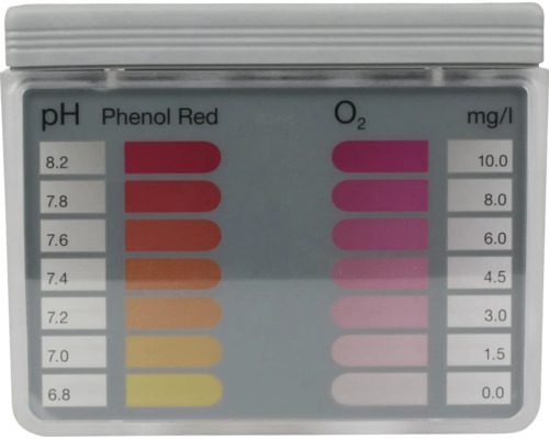 Farebná karta na testovanie pH a kyslíka s farebnou škálou a nameranými hodnotami