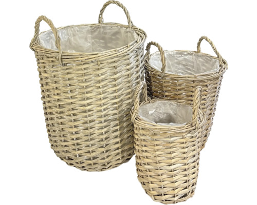 Tri prútené kvetináče s uchami a fóliou pre rastliny.