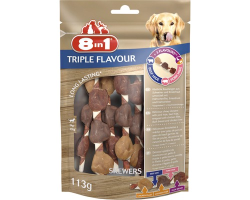Maškrta pre psov 8in1 Triple Flavour špíz žuvací 6 ks 8in1 Triple Flavour psie maškrty špízy, 113 gramov