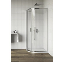 Rohová sprchová kabína v kúpeľni s bielymi obkladmi