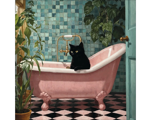 Sklenený obraz Cat In The Bathtub 30x30 cm Kúpeľňa s voľne stojacou vaňou, obkladanou stenou, izbovými rastlinami a čiernou mačkou