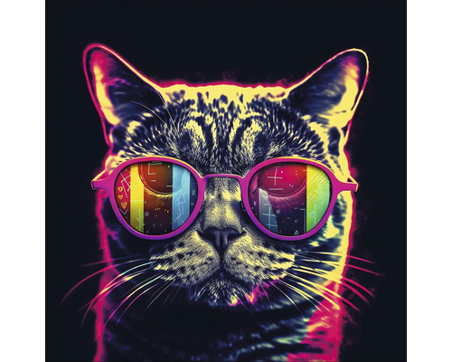 Sklenený obraz Neon Cat I 30x30 cm Portrét mačky s okuliarmi