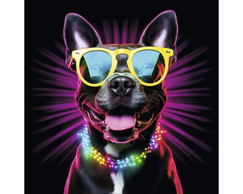 Sklenený obraz Dogs With Sunglasses V 30x30 cm Portrét psa so slnečnými okuliarmi a svetelnou reťazou