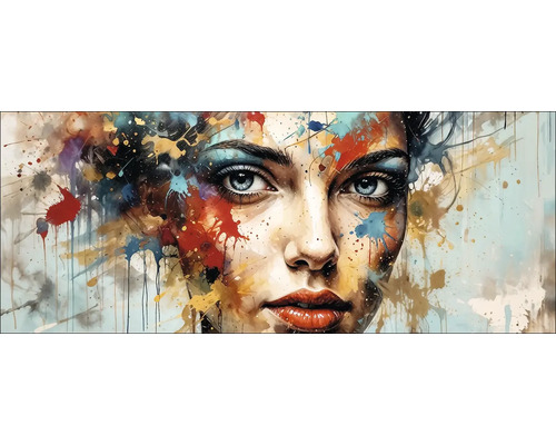 Sklenený obraz Colorful Woman Portrait IV 50x125 cm Maľba ženy so špliechancami farby