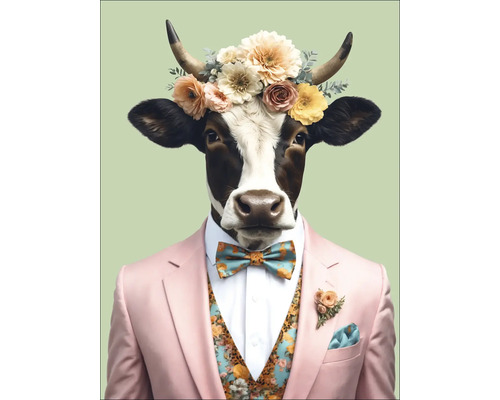 Obraz na plátne Crazy Animals Cow 84x116 cm Ilustrácia kravy s kvetinovým vencom a oblekom