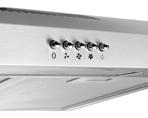 Nerezový digestor s ovládacími gombíkmi pre ventilátor a svetlo