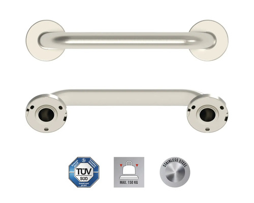 Nerezové držadlo do kúpeľne, s pečaťou TÜV Süd, maximálne zaťaženie 150 kilogramov, označenie nerezovej ocele.