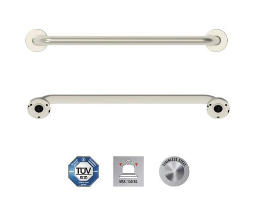 Nerezové držadlo do kúpeľne, dva pohľady, pečať TÜV Süd, maximálne zaťaženie 150 kg, symbol nerezovej ocele