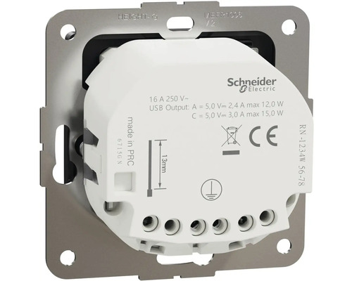 Logo Schneider Electric USB zásuvka s označením CE a symbolom likvidácie